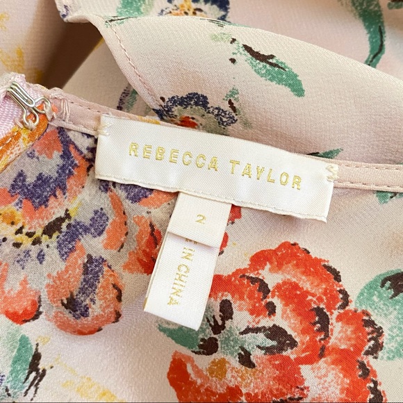 Rebecca Taylor Marlena pink green yellow floral print silk ruffle neckline dress - Picture 10 of 13